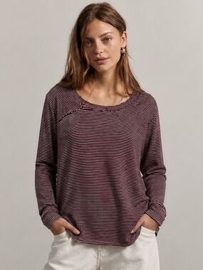 Nau Hemp Blend Micro Stripe Lagenlook Long Sleeve Top Burgundy Asymmetrical Neck